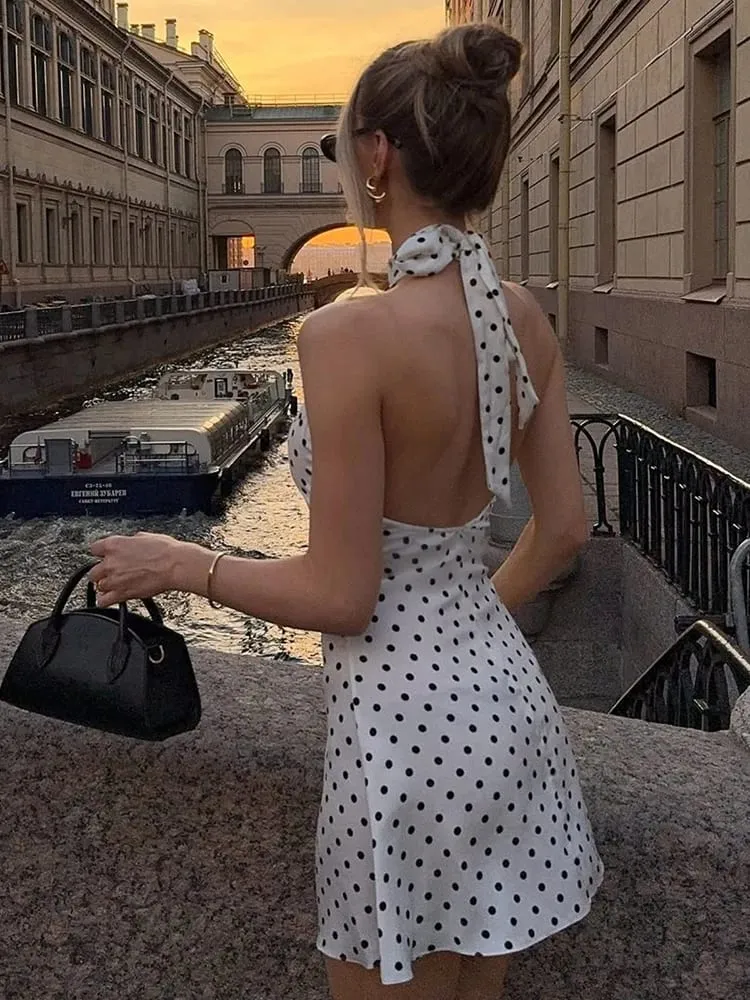 Elegante mini abito a pois con spalle scoperte Abito da donna senza maniche con schiena scoperta a vita alta Y2K Summer Fashion Club Party — image 2