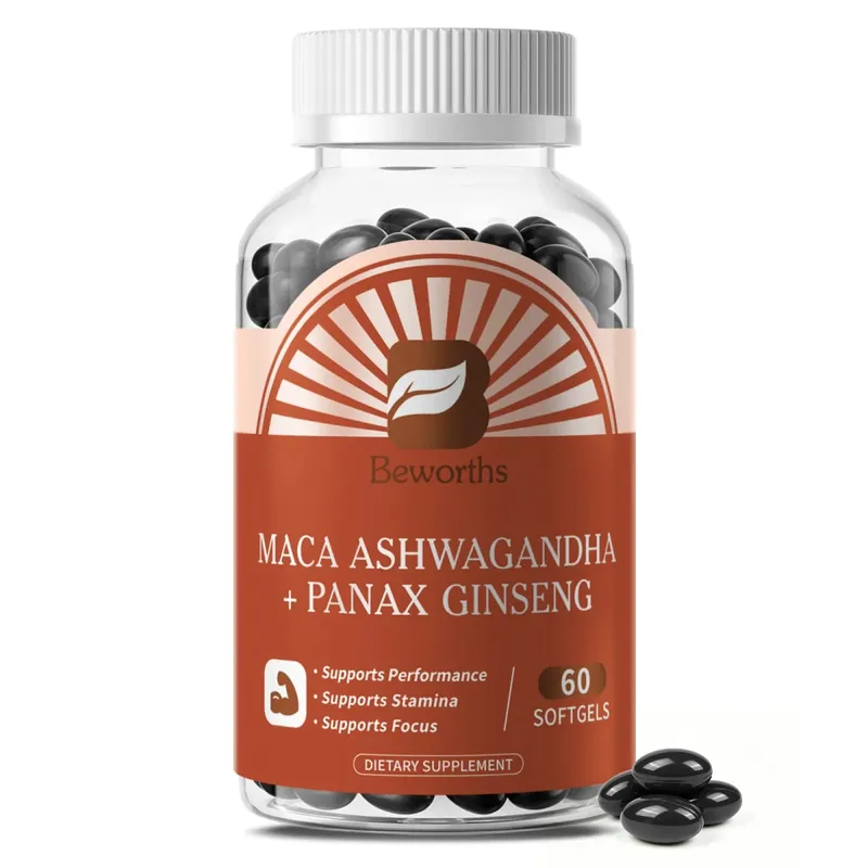 Natural Maca Root Capsules with Ashwagandha Extract Vegetarian for Men Health Soft Gels Gluten Free Energy Supplement