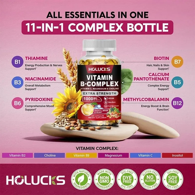 Integratore del complesso di vitamina B - (B1 B2 B3 B5 B6 B7 B8 B9 B12 acido folico e biotina) con vitamina C inositolo - Energy Healthy — image 4