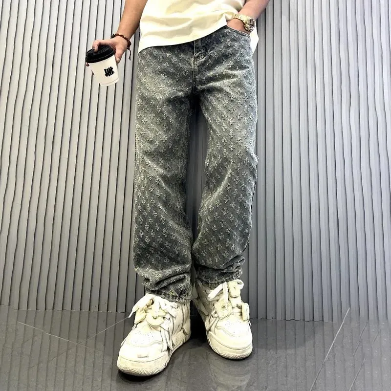 Jacquard Pattern Denim Pants Male Straight Fitting Baggy Bottoms Distressed Wide Jeans For Men — image 1