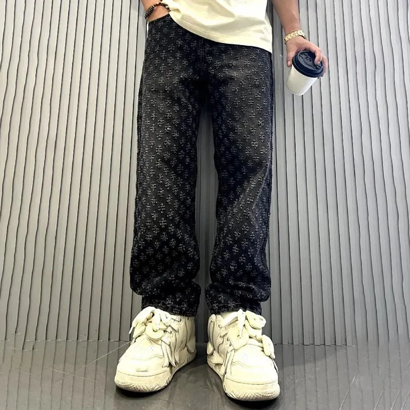 Jacquard Pattern Denim Pants Male Straight Fitting Baggy Bottoms Distressed Wide Jeans For Men — image 3