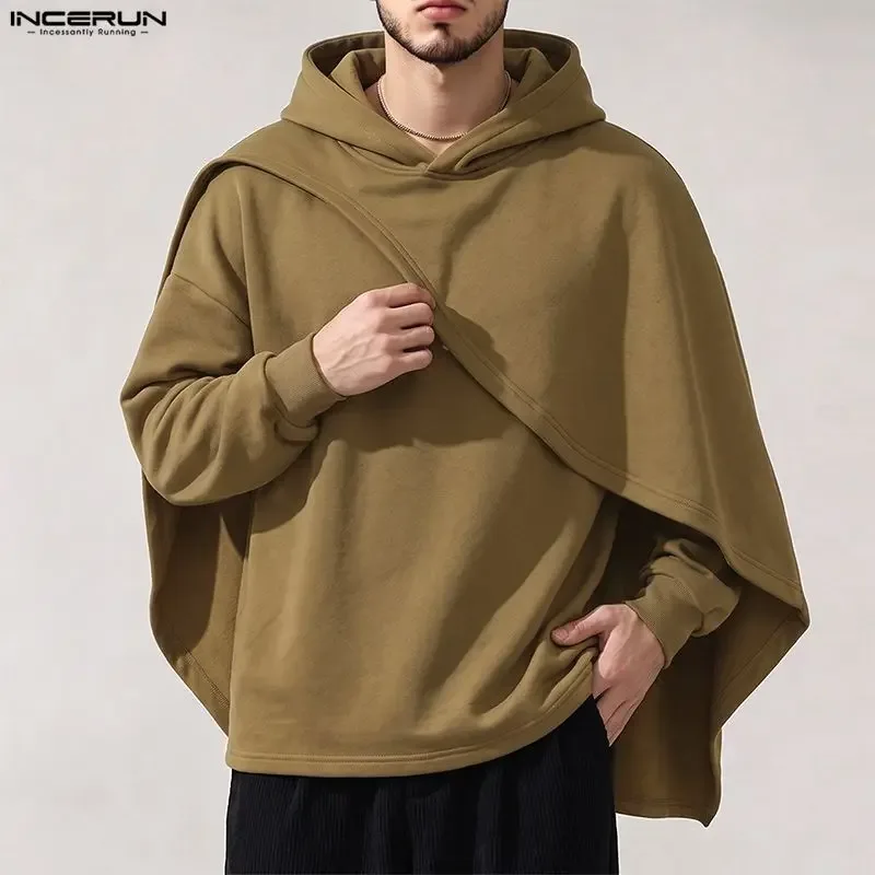 Men's Hoodies Ponchos Solid Color Hooded Long Sleeve Irregular Sweatshirts For Man Loose Stylish Casual Cape INCERUN Streetwear — image 2