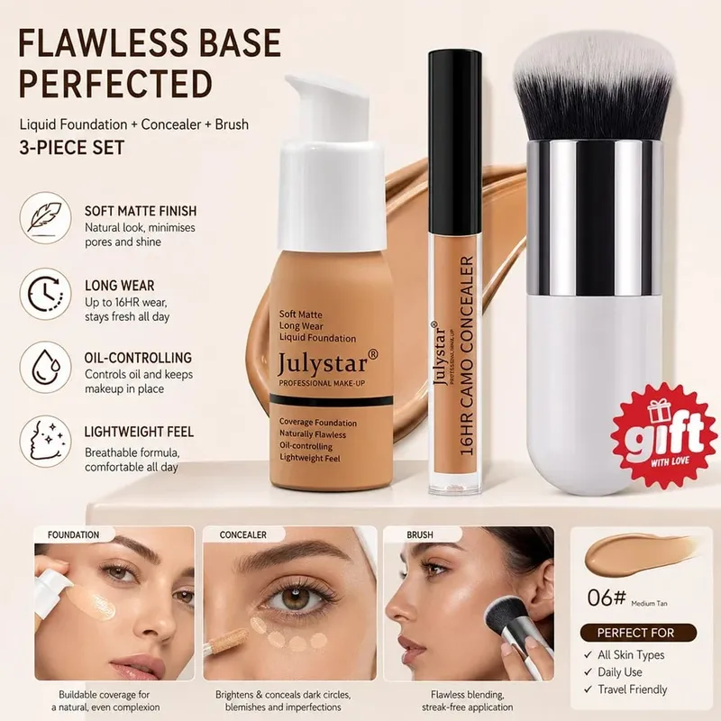 ชุดแต่งหน้าพื้นฐาน 3 ชิ้น แปรงรองพื้นและคอนซีลเลอร์ฟรี Matte 16H Oil-Control Lightweight Full-Coverage สำหรับใบหน้ารายวันอย่างเป็นธรรมชาติ — image 3