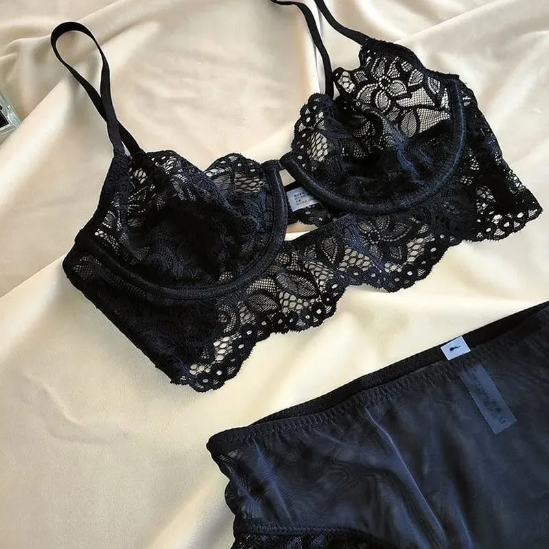 Set reggiseno e mutandine sexy Estate Primavera Vedi attraverso il set di lingerie in due pezzi con ferretto ricamato a caldo e sottile in maglia trasparente — image 5