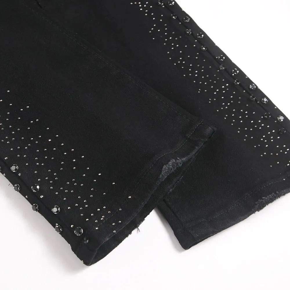 Seluar Jeans Denim Berkobar-kobar Lelaki Punk Kristal Rivet Stretch Kapas Hitam Seluar Spandeks Seluar Slim Potongan But — image 5
