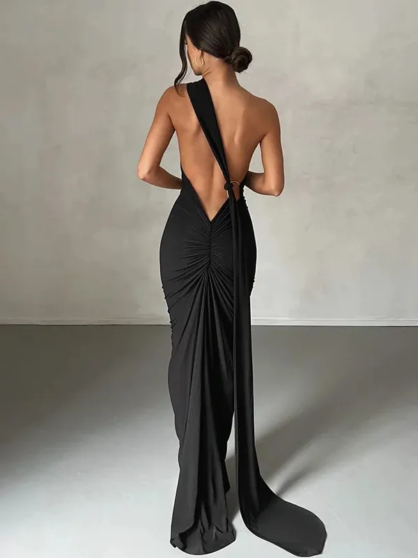 Hugcitar Satu Bahu Tanpa Belakang Selendang Boleh Laras Gelung Gaun Maxi Seksi Ruched 2025 Wanita Elegan Y2K Streetwear Festival Pakaian — image 18