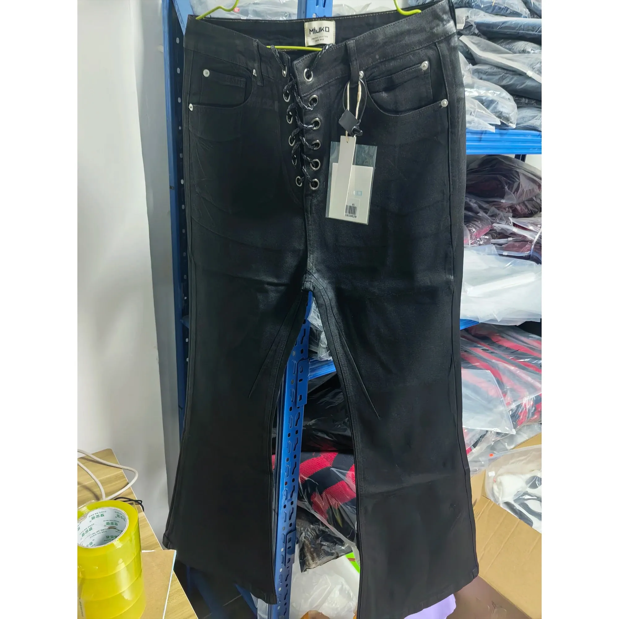 Vintage powłoka batikowa czarne dżinsy typu slim fit rozkloszowane elastyczność rozciągliwa wstążka Y2k Streetwear Casual obcisłe dżinsy z dzwonkiem — image 3