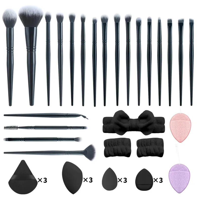 Kit di strumenti per trucco da 37 pezzi, pennelli per trucco da 20 pezzi, con fascia per capelli, soffio di cipria, spugna per il viso