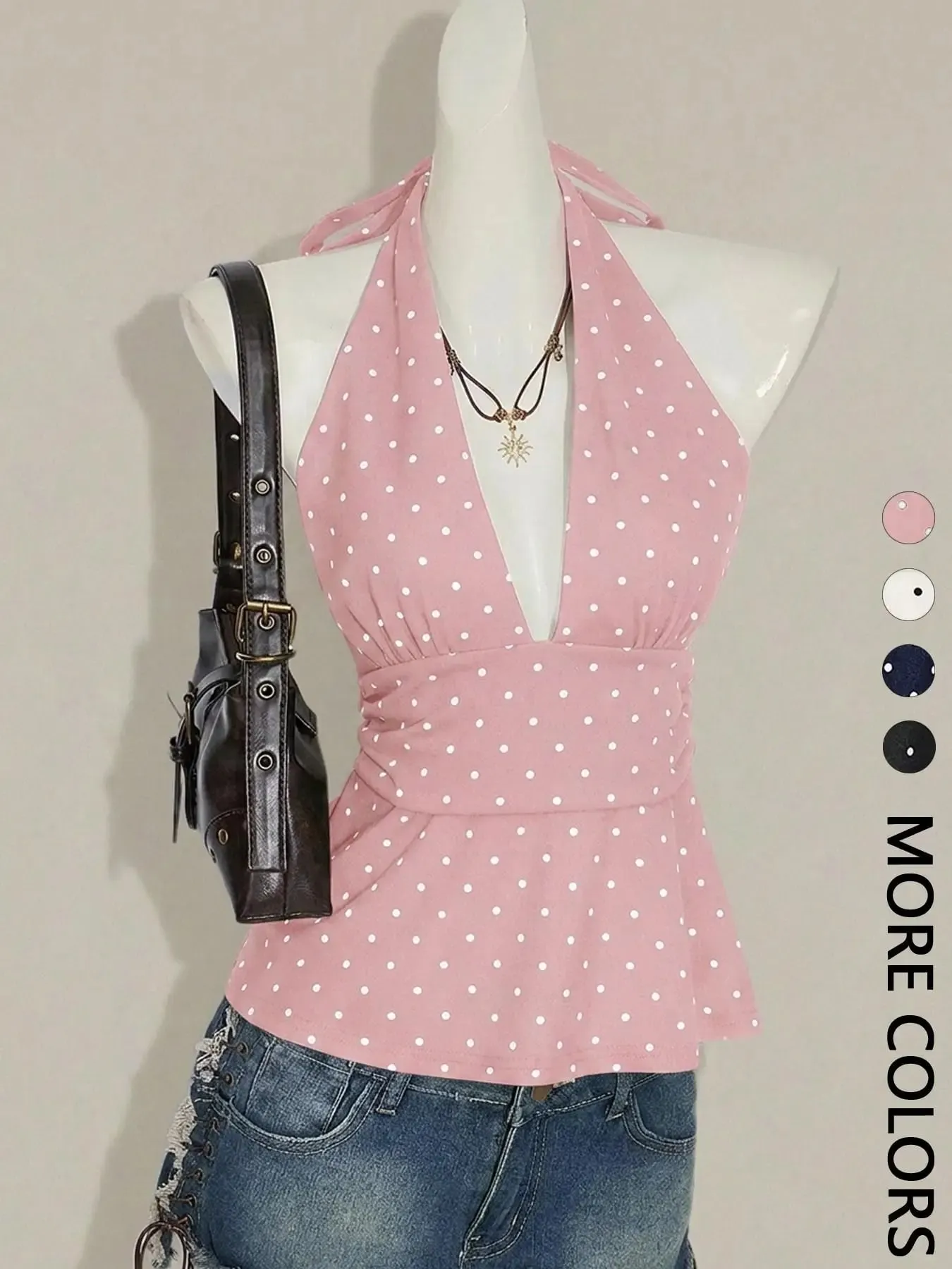 Top da donna con cinturino senza schienale a pois con design pieghettato in vita. Camicia da donna con cinturino sul collo regolabile e cinturino senza schienale — image 8
