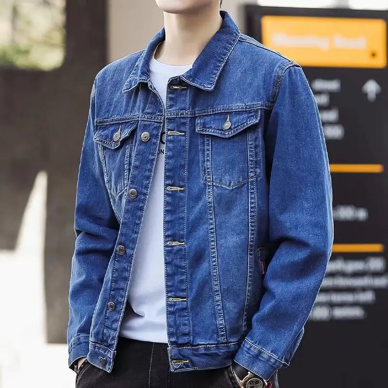 Spring Autumn Men Denim Jackets Casual Solid Color Lapel Single Breasted Jeans Jacket Men Slim Fit Cotton Outwear Jackets — image 4
