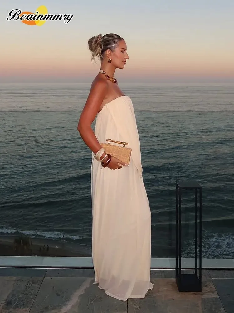 Sexy skládané maxi šaty bez ramínek Dámské elegantní Jednobarevné Bez rukávů Bez záda Volné dlouhé šaty 2026 Letní Dáma Dovolená Plážový outfit