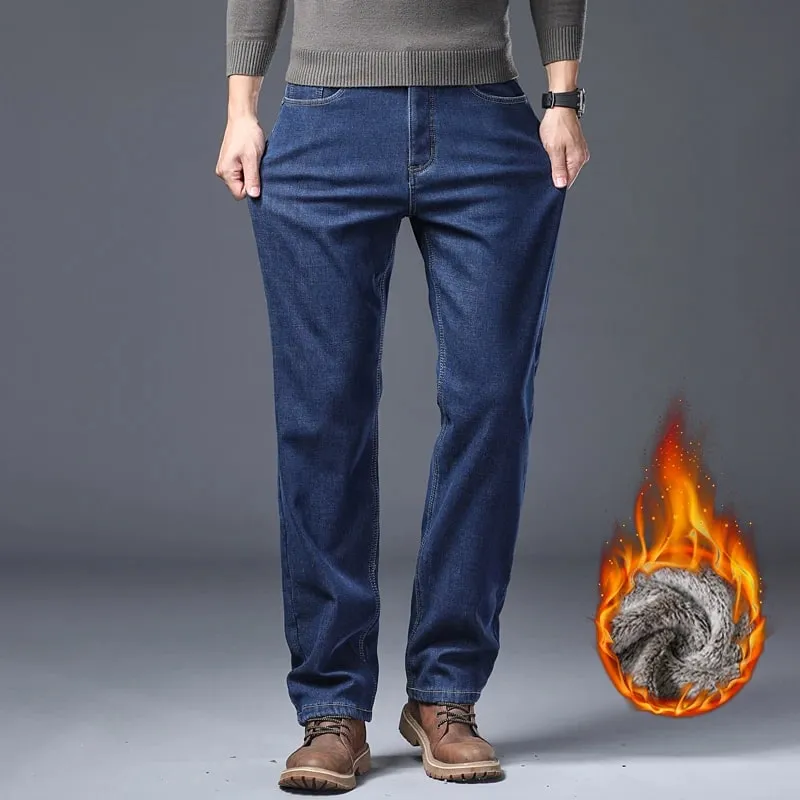 Jeans addensati foderati in pile da uomo Pantaloni in denim slim fit elasticizzati caldi invernali Pantaloni morbidi e comodi per l'abbigliamento da lavoro quotidiano — image 3