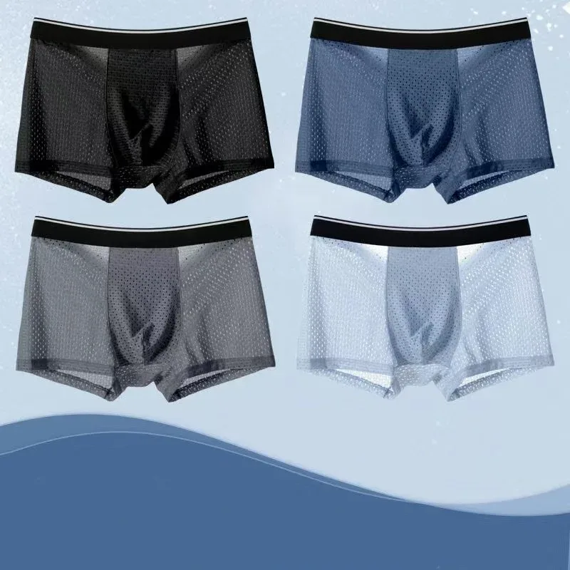 4 ชิ้น/LotMen's Ice Silk ชุดชั้นในกางเกงขาสั้นขนาด Plus ตาข่ายนักมวยตาข่าย Breathable ชุดชั้นใน Antibiotic Quick Drying ชุดชั้นในผู้ชาย