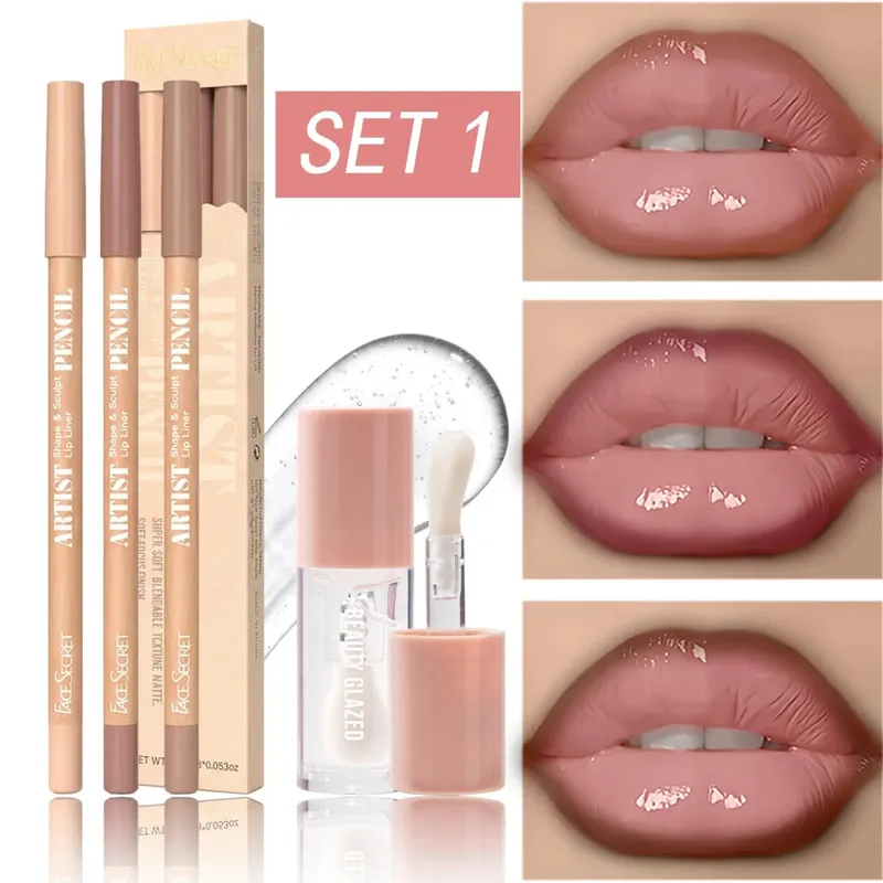 4 Buah Set Lip Liner & Lip Gloss Kit Rias Bibir Harian Halus Tahan Air Tahan Lama Tahan Noda — image 10