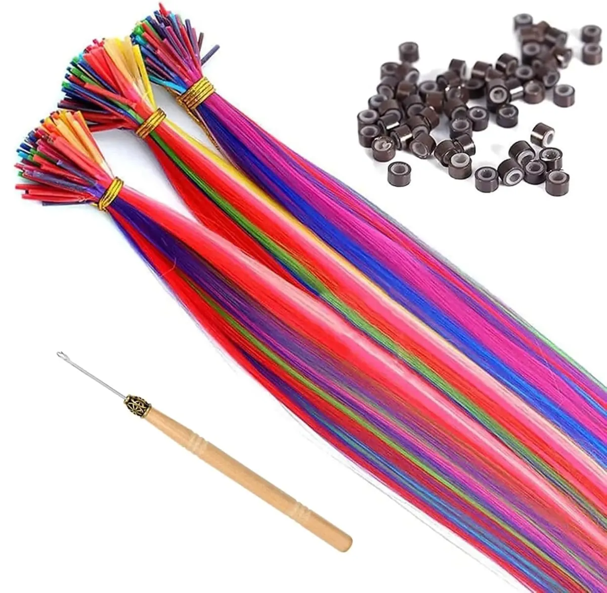Kit Ekstensi Rambut Sintetis Pelangi 20 "10 Buah Ekstensi I-tip Berwarna dengan Jarum Kait Manik-manik Mikro untuk Cosplay Anak-anak Wanita — image 4
