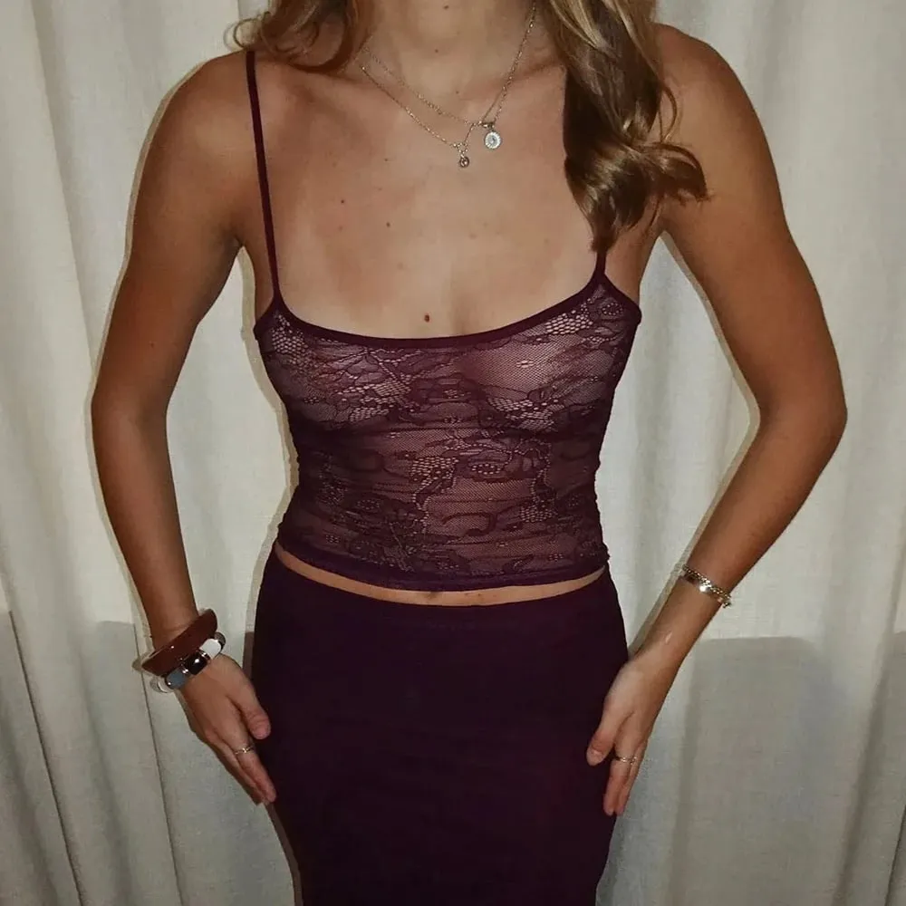 Women Fairycore Grunge Lace Tanks Tops Spaghetti Strap See Through Camisole Backless Slim Fit Crop Camis Sexy Going Out Tops — image 2