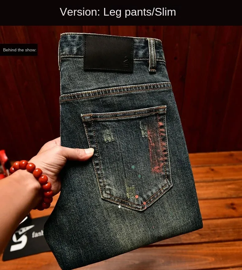 Broken hole patch jeans for men 2025 new men's clothing paint printing trend design retro nostalgic slim fit denim pants — image 9