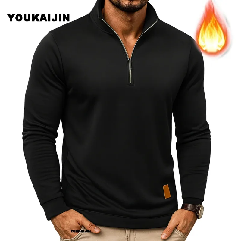 Sudaderas para hombre, jersey más grueso de primavera, jersey con cremallera de un cuarto para hombre, Sudadera con capucha para exteriores, sudadera de otoño, cuello alto de Color sólido — image 2