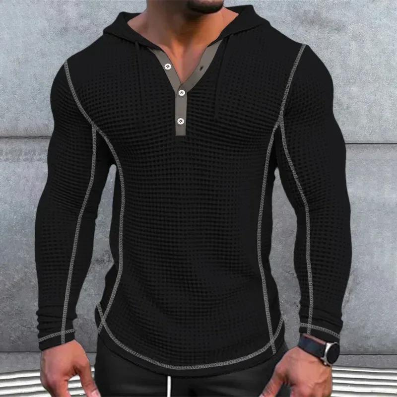 Waffle Katı Kumaş Slim Fit Kapüşonlular Erkekler V Yaka Düğmesi Rahat Tişörtü Hip Hop Sokak Kazak erkek Spor Uzun Kollu Tops — image 2