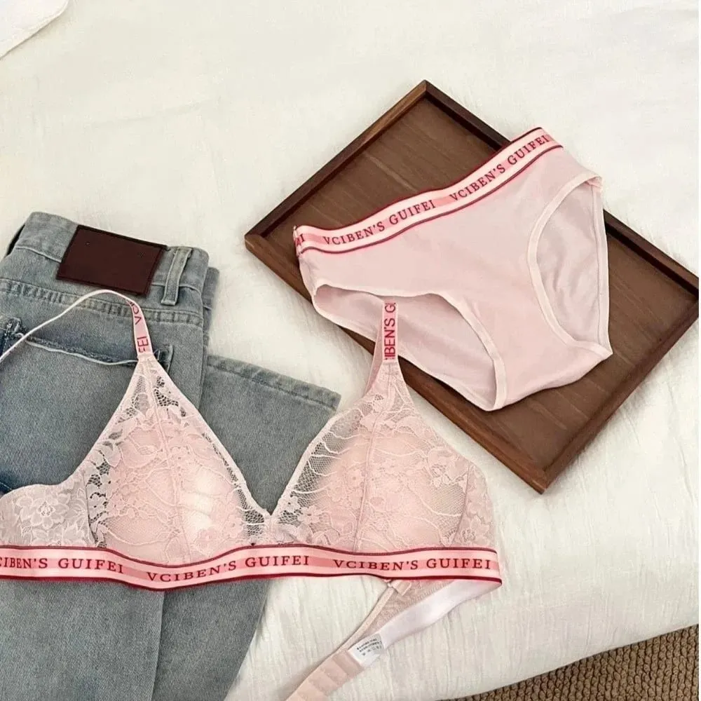 Bra Suit Letter Design Lingerie Set Lace Wireless Women Underwear Suit Deep V Color Blocking Bra Panties Set Pambabae — image 5