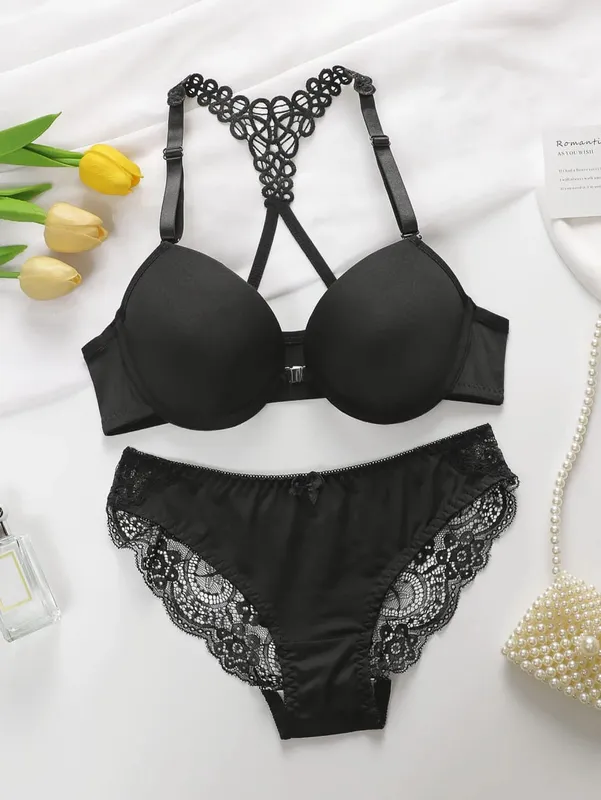 Set intimo da donna nero rosso blu con cerchi in acciaio, fibbia anteriore, bellissimo reggiseno pull up posteriore A2128