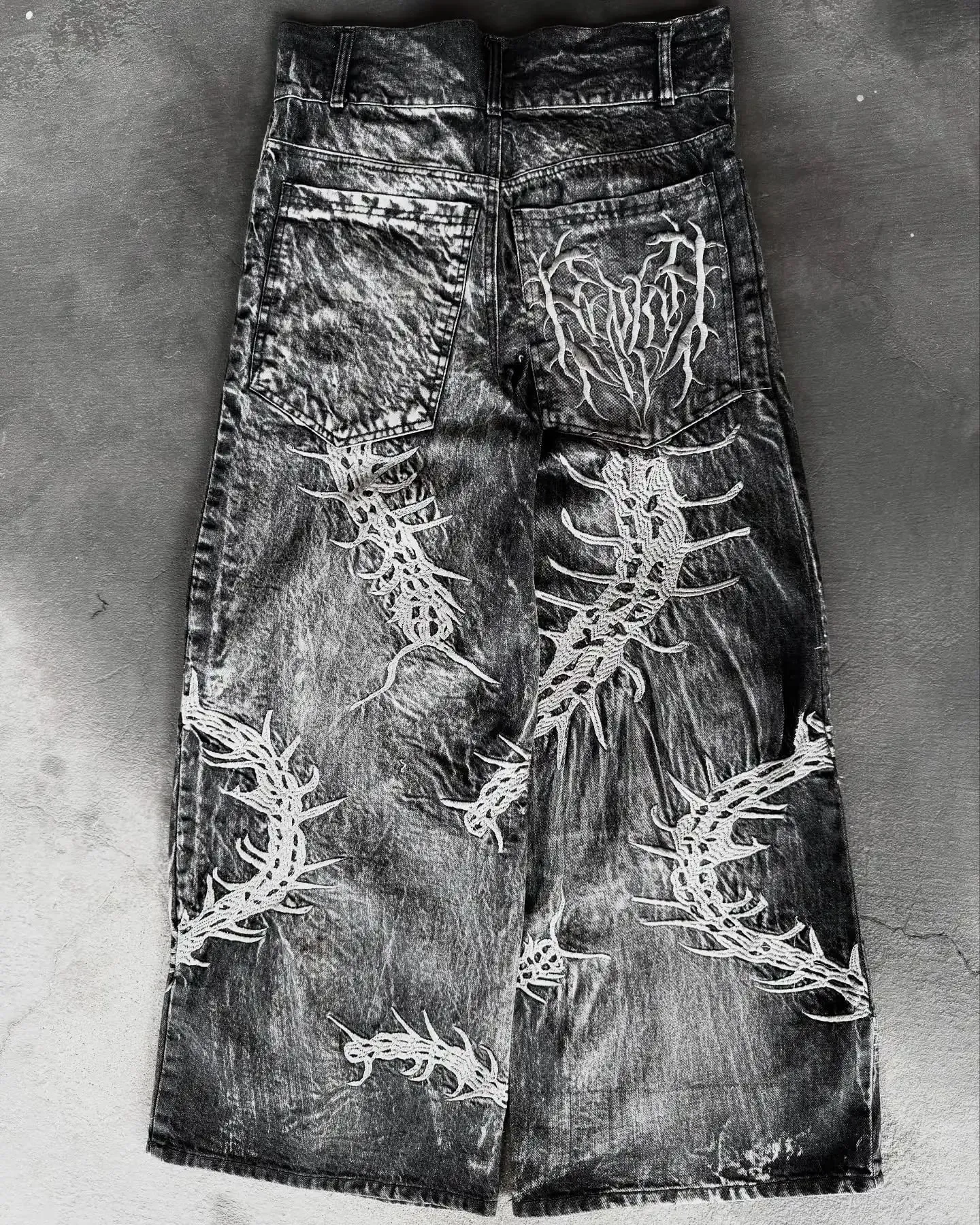 90s Gothic Centipede Embroidery Washed Oversized Wide-Leg Pants Jeans Men Y2K New Harajuku Punk Hip-Hop Rock Couple Street Wear