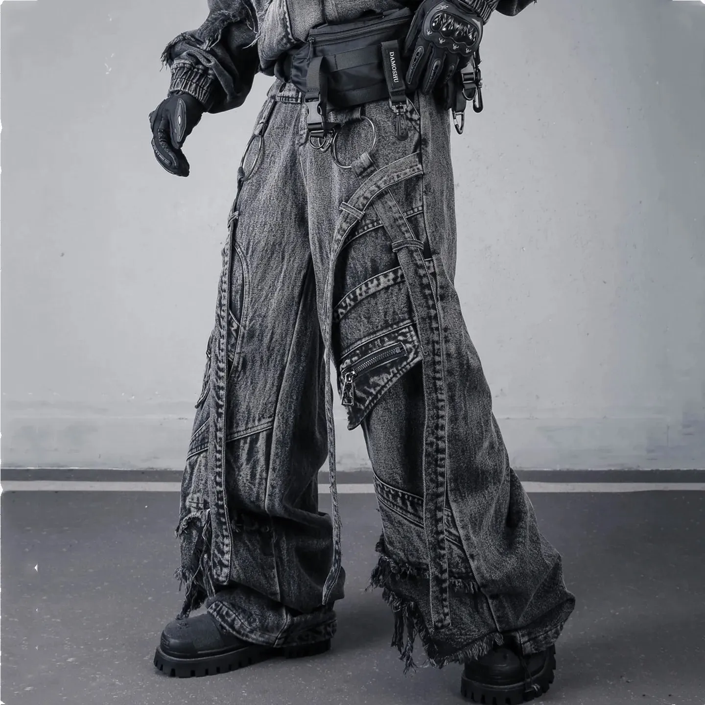 Deconstructed สายรัดล้าง Vintage Cargo กางเกงยีนส์ Man Woman Techwear Wasteland สไตล์ขากว้างยุทธวิธี Baggy กางเกง Street Wear — image 3