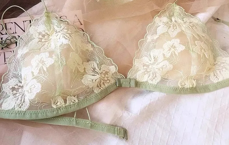 Conjunto de lencería de nicho francés, Bralette con copa triangular de malla bordada, sin aros, encaje Retro, sujetador fino y Sexy cómodo, Tushy MOYISU de EE. UU.