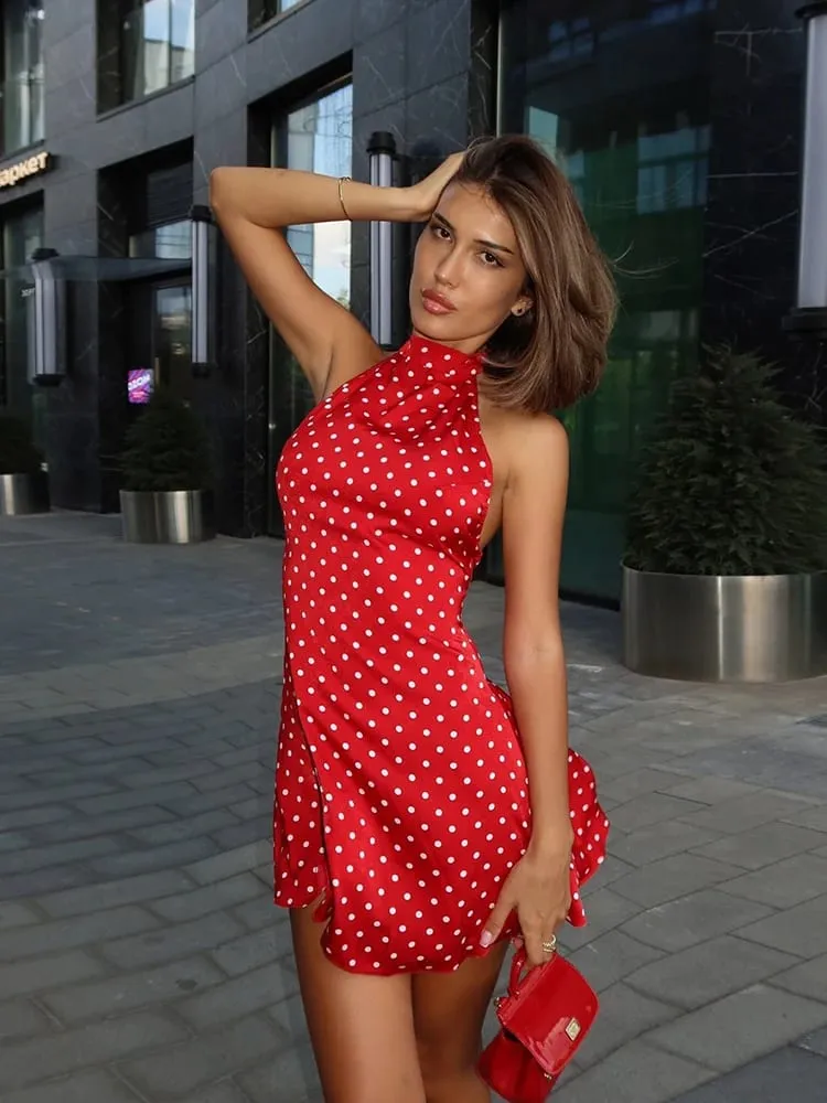Elegante mini abito a pois con spalle scoperte Abito da donna senza maniche con schiena scoperta a vita alta Y2K Summer Fashion Club Party — image 4