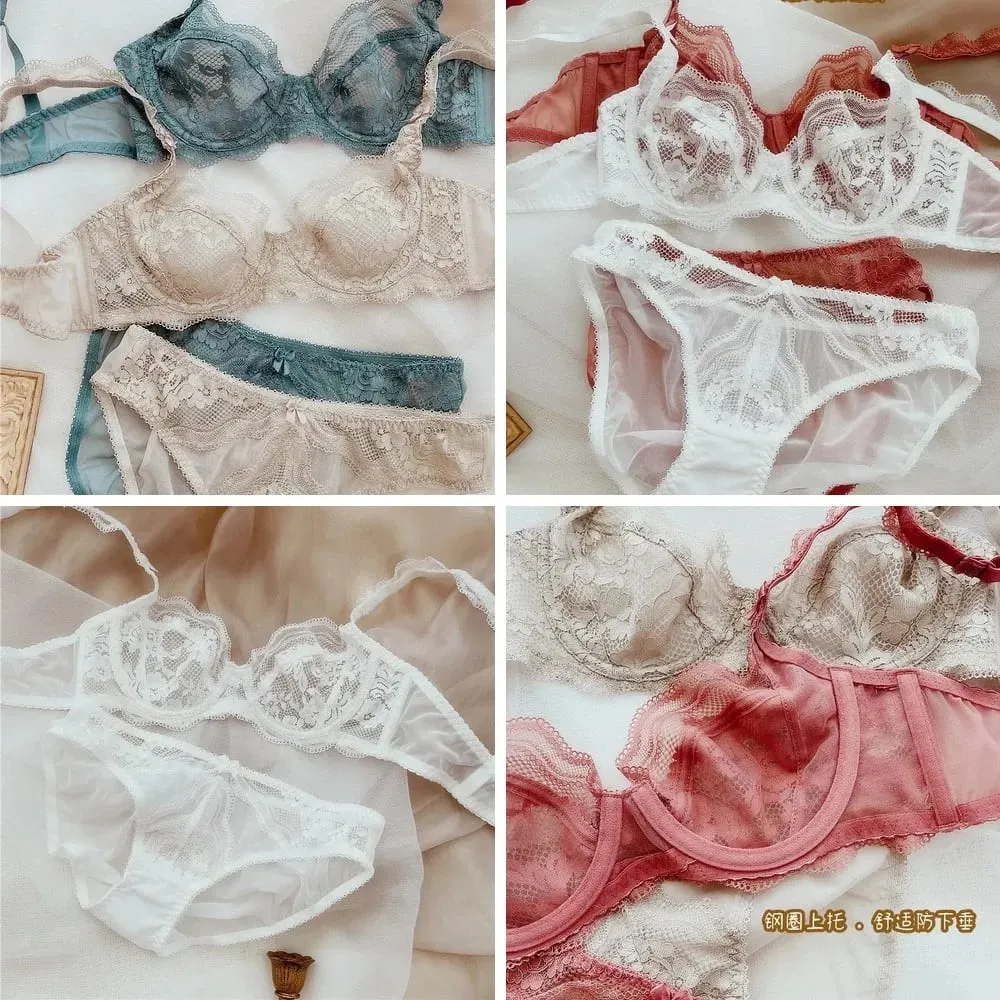 Ultradünnes Push-up-BH- und Höschenset aus Spitze mit leichter Polsterung, transparente Dessous in großen Größen — image 2