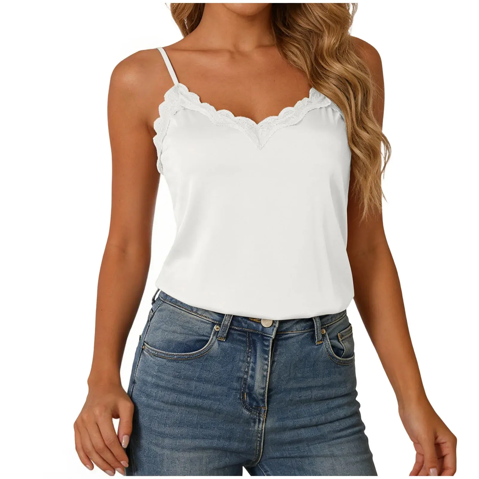 Musim Panas Wanita Satin Tank Tops Lace Trim Patchwork Sutera Selesa Tanpa Lengan Camis Elegan V-Neck Tanpa Belakang Solid Seksi Tops — image 8
