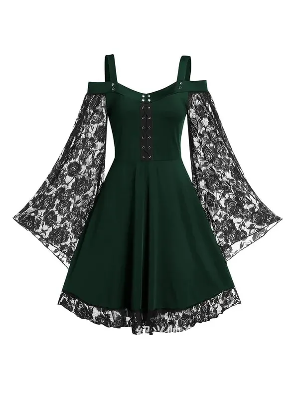 2022 New Gothic One-shoulder Lace Stitching Flared Sleeve Dress Literary Vintage Autumn Grunge Black A-line Dress Punk Partywear — image 1