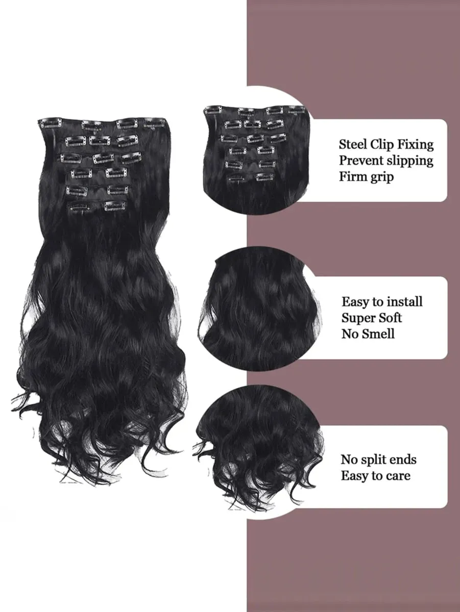 Clip in dlouhé vlnité syntetické vlasy prodlužování 24 palců černé 6ks tlusté příčesky Fiber Double Weft vlasy pro ženy — image 4