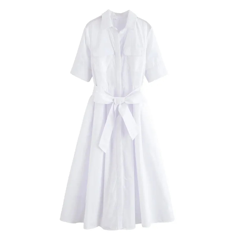 HH femmes été revers manches courtes poche simple boutonnage ceinture décorer robe Midi femme mode chemise Style robe plissée