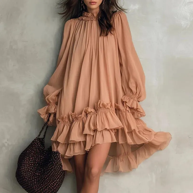 Boho Loose Swing Dress Ladies Ruffle O Neck Lantern Sleeve Multi‑Tiered Ruffle Hem Mini Dress Casual Beach Holiday Short Dresses — image 7
