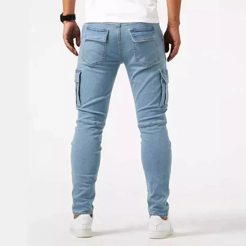 Männer Casual Bleistift Jeans Männlichen Elastische Multi Tasche Kleine Dünne High Street Denim Hosen Waschen Einfarbig Mittlere Taille Cargo-Jeans — image 5