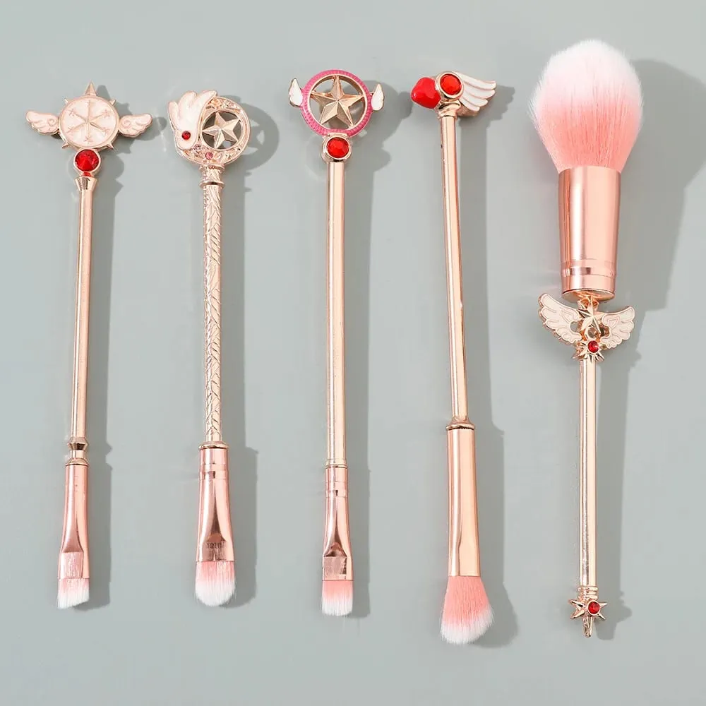 5pcs Pemegang Logam Berus Makeup Gebu Lembut Set Anime Card Captor Sakura Cosmetics Powder Berus Berus Kening Pembayang Mata Merah Jambu — image 3