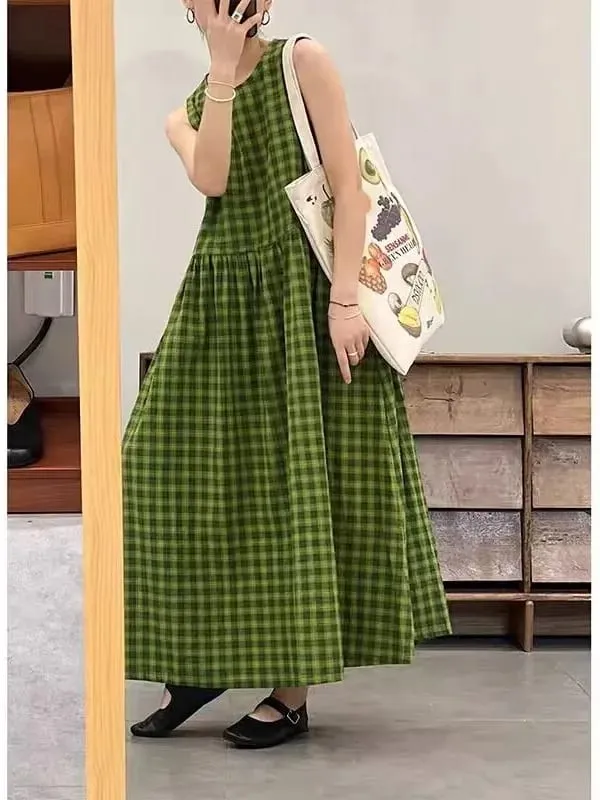 Pelangsingan Plaid Cotton Lin Svel Long Dr Wanita plus Saiz Dstring Pinggang bulat Ne Vest Skirt Ulang-alik Sle Musim Panas... — image 6