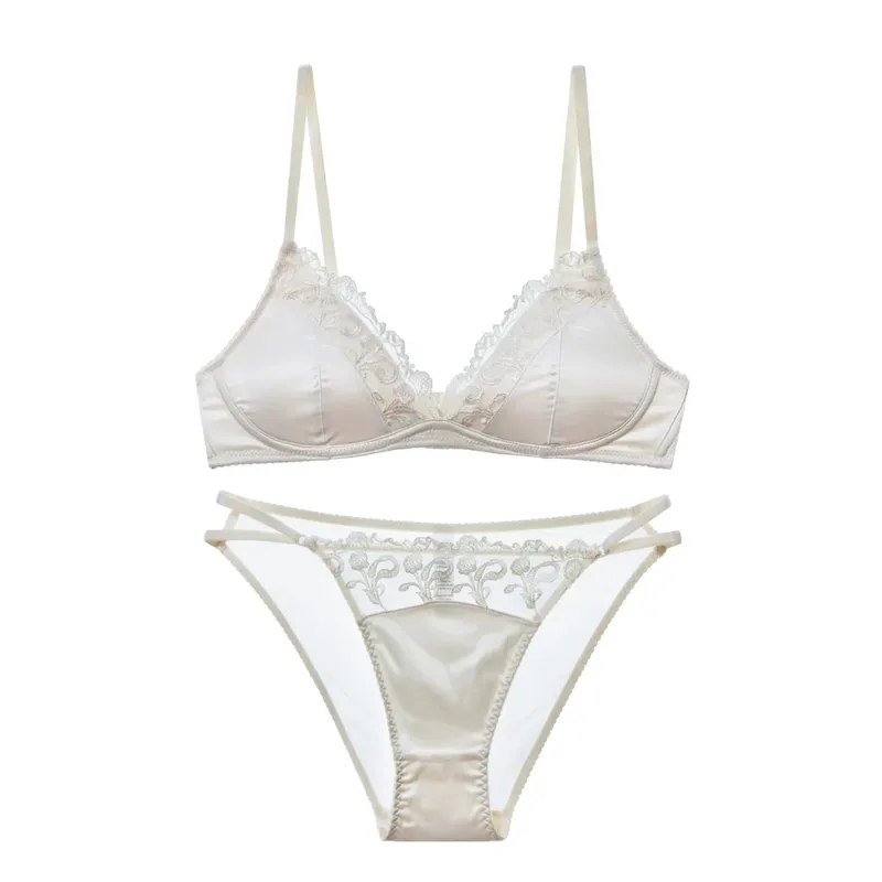 Dessous-Set im französischen Stil für Damen, dünner, bügelloser Triangel-BH mit Spitzen- und Stickmuster