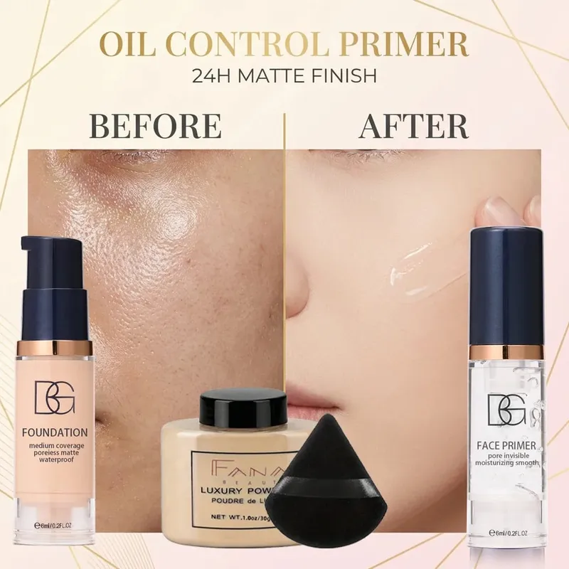 Conjunto de 4 unidades de pacote de maquiagem facial - Pó de configuração de base fosca de primer suavizante com sopro - Pacote de valor à prova d'água de longa duração — image 3