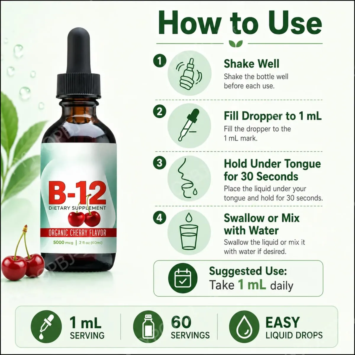 Vitamin B12 Methylcobalamin Liquid Drops 5000 Mcg Cherry Flavor 2 Fl Oz 60 Servings Vegan Sugar Free Daily Supplement