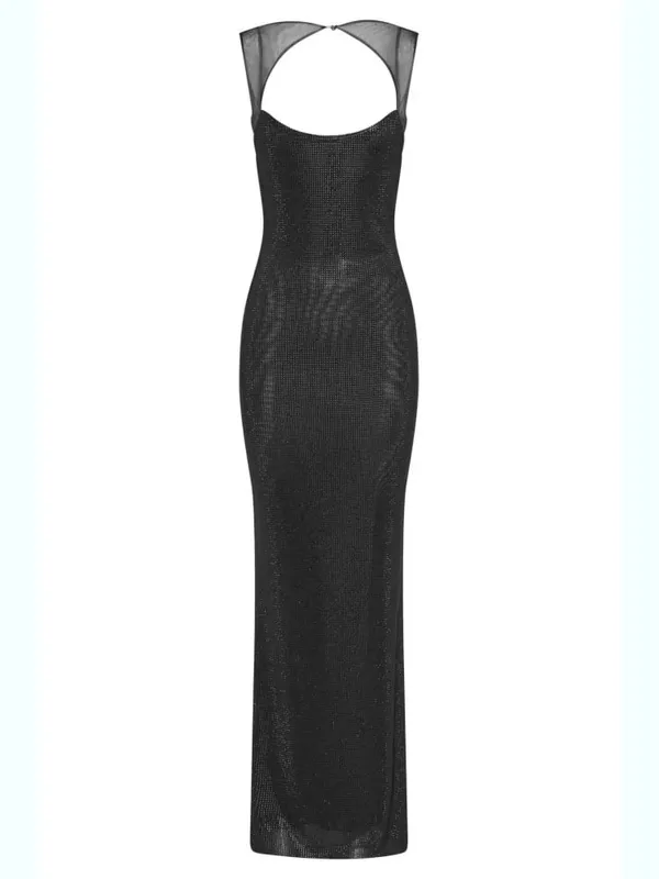 Sexy Square Collar Mesh Patchwork Diamonds Long Dress Women Backless Shiny Rhinestone Slim Dresses Evening Party Cocktail Gowns