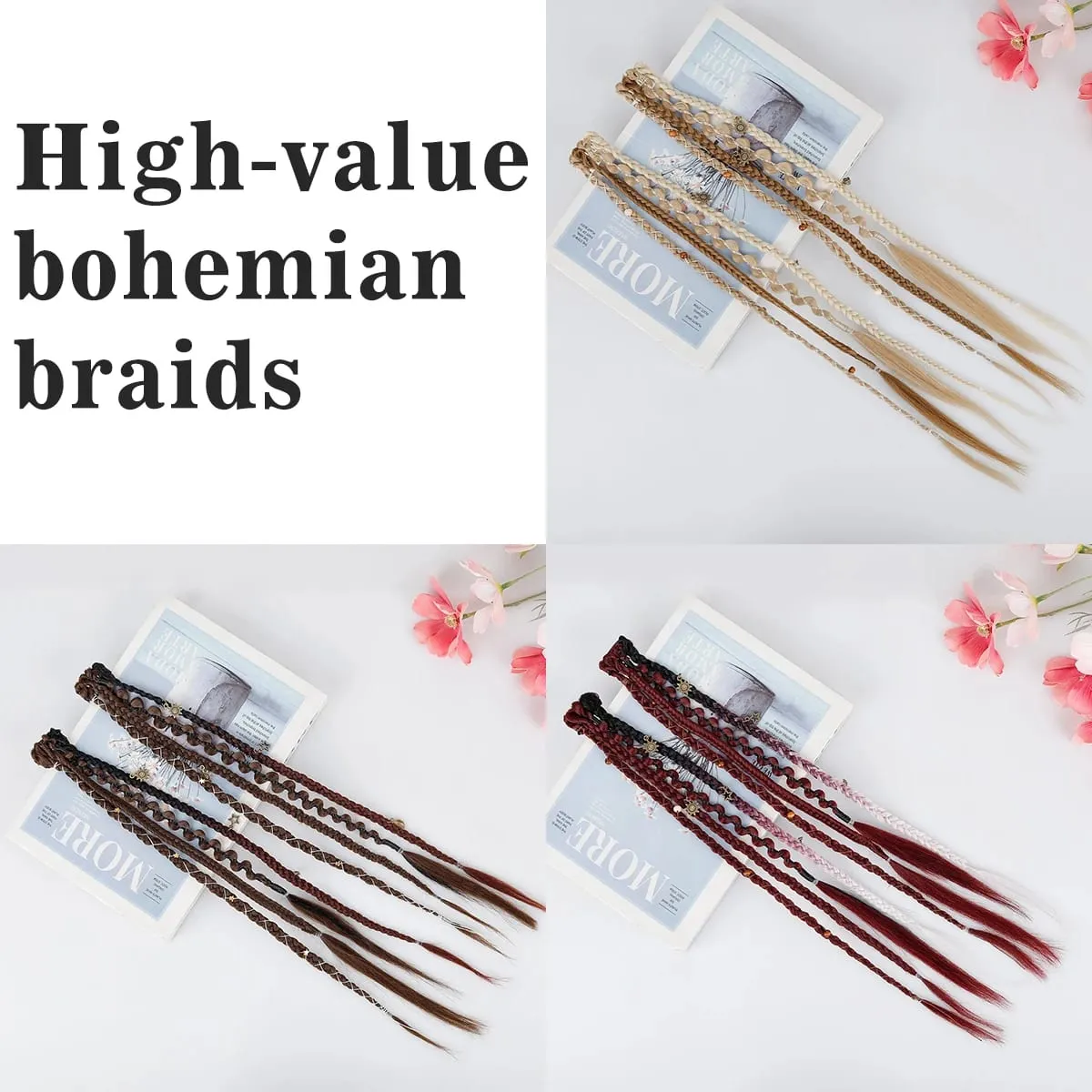 Boho Ombre Burgundy ถักผมหางม้า Extensions สังเคราะห์ Braids กับ Bohemian Viking ชิ้นผมสำหรับผู้หญิง Carnival Party — image 4