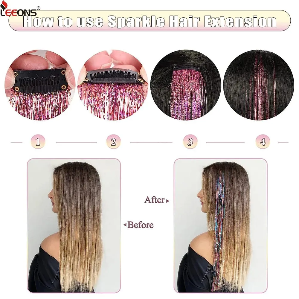 Punti salienti della festa color arcobaleno dritto Clip nelle estensioni dei capelli Pezzo di capelli scintillante Posticci sintetici Rosso scintillante — image 7