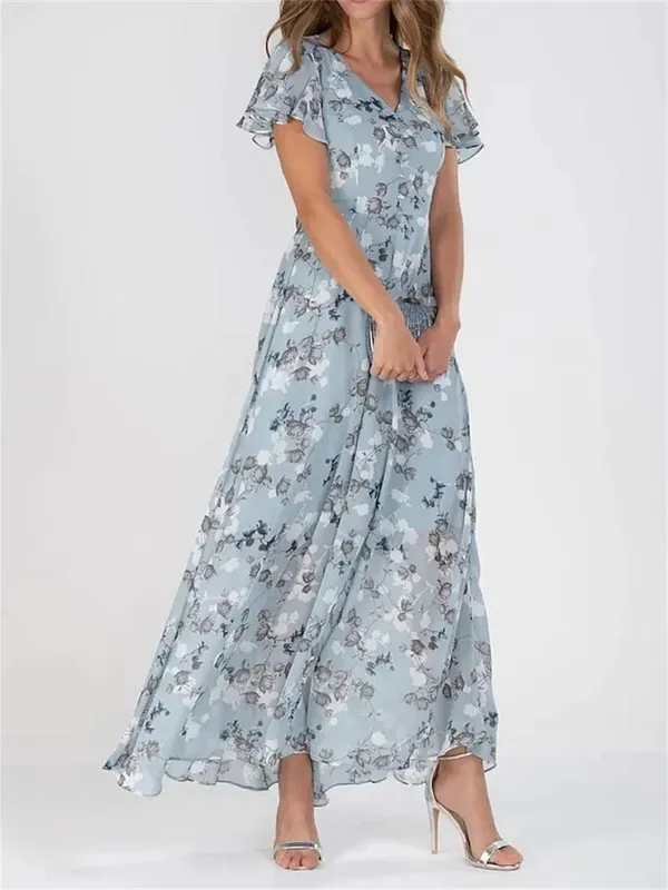 Women Elegant Ruffle Short Sleeve V Neck Pullover Dresses Sweet Style Small Flower Print High Waist Dress Female New Casual Gown — image 7
