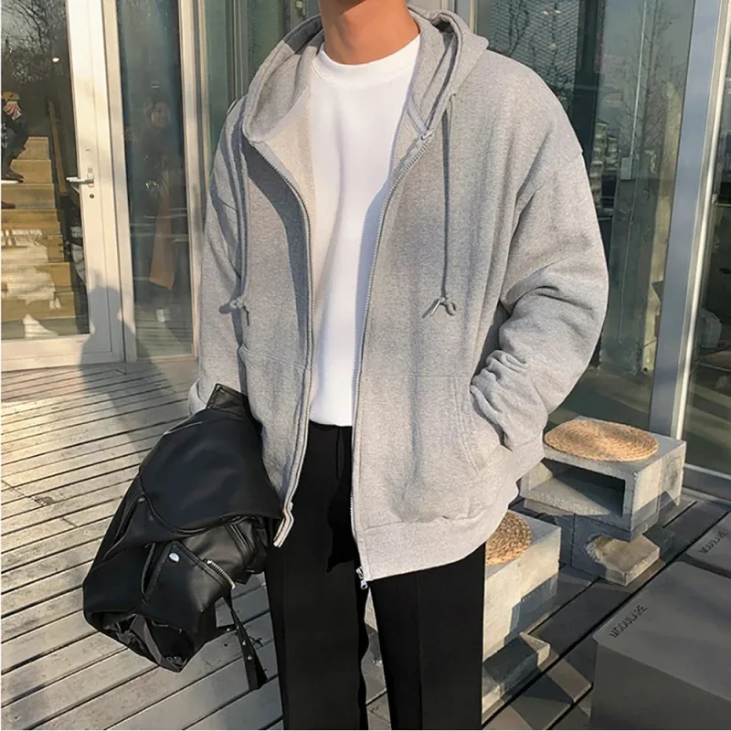 High Street Hoodie Men Solid Color Zip Up Long Sleeve Loose Jacket Coats Casual Hooded Sweatshirt Y2K Fashion Outdoor Clothes — image 4