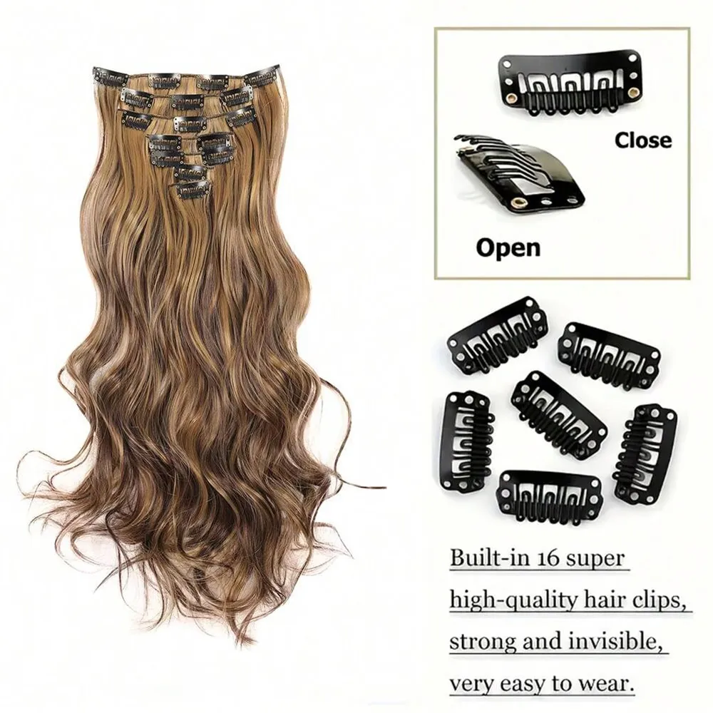 7 Clips In Hair Extensions Long Wave Hairstyle Blck 20inch Natural Synthetic Hair Daily Use Hairpiece For Women — image 4