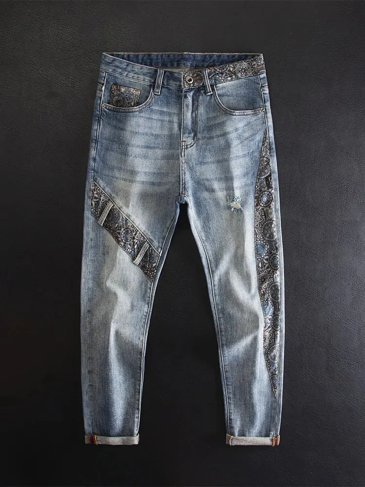 Vintage-Patchwork-Jeans für Herren mit Rissen, modischer Aufdruck, einzigartige, trendige High-End-Röhrenhose mit schmaler Passform — image 8