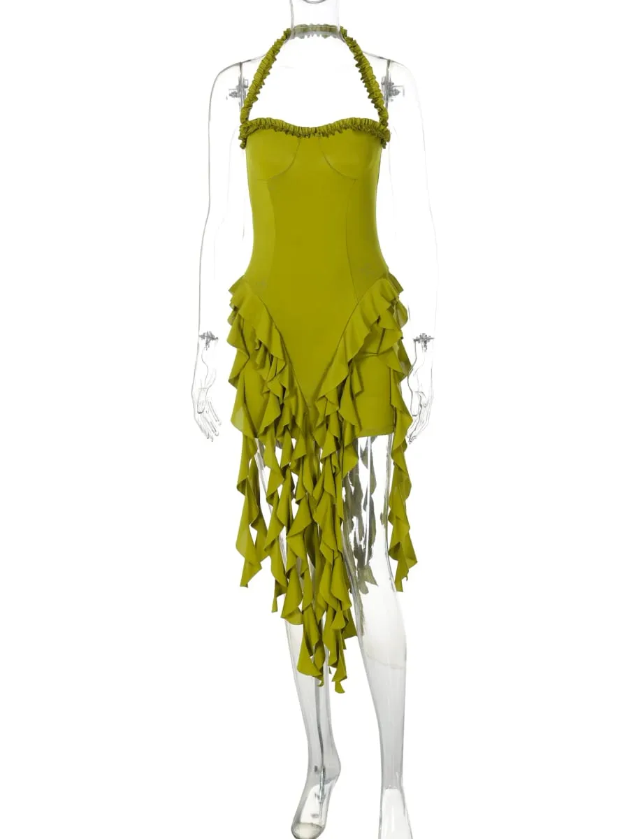 Hugcitar Elegant Halter Solid Ruffles Backless Taseel เซ็กซี่ Slim Mini Dress ฤดูใบไม้ผลิผู้หญิงชุดน่ารักวันเกิดปาร์ตี้วันหยุด
