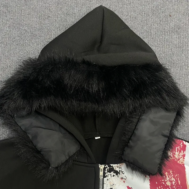 Retro Y2K Ins Fur Collar Printed Zipper Sweatshirt Long Sleeved Pullover Hoodie Street Trend Casual Retro Jacket — image 6